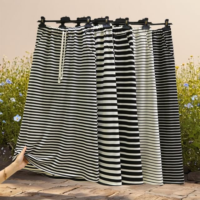 KUMI-Drawstring Waist Striped Maxi A-Line Skirt