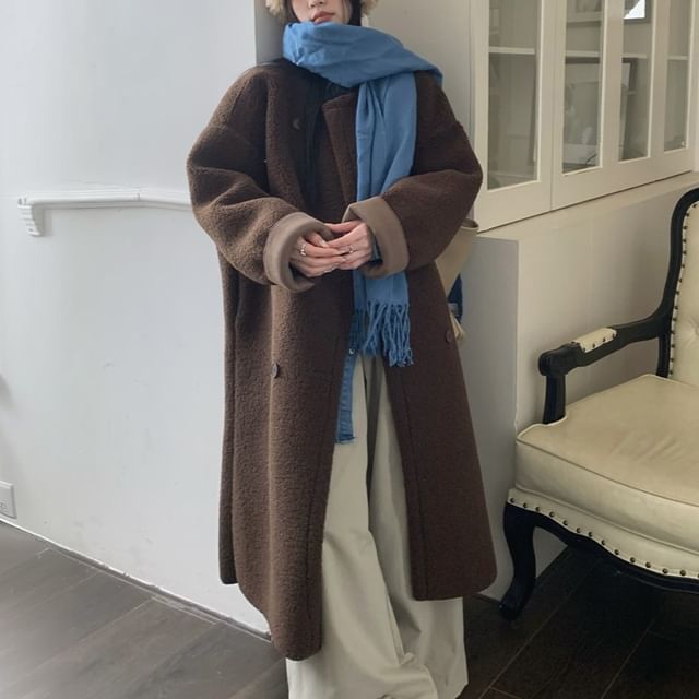 KUMI-Drop-Shoulder Plain Midi Double-Breasted Coat