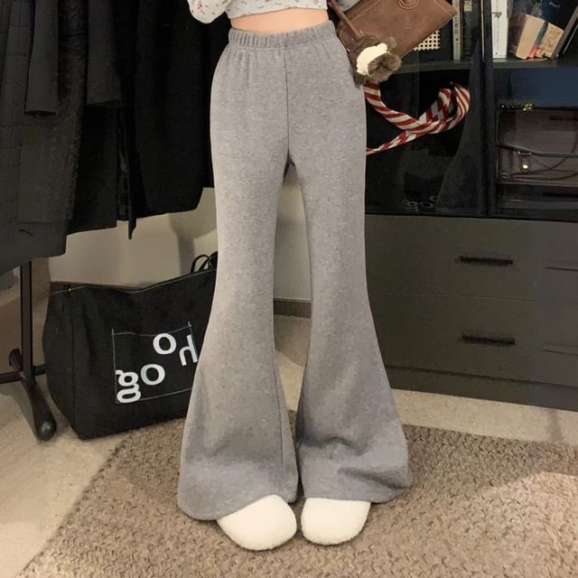 KUMI-Elastic Waist Plain Flared Pants