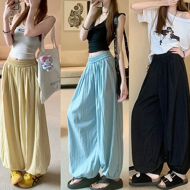 KUMI-Elastic Waist Plain Harem Pants