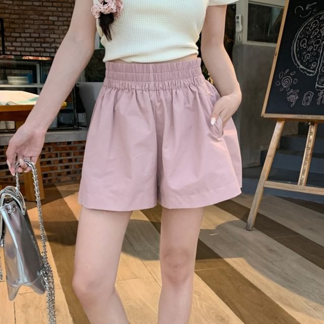 KUMI-Elastic Waist Plain Shorts