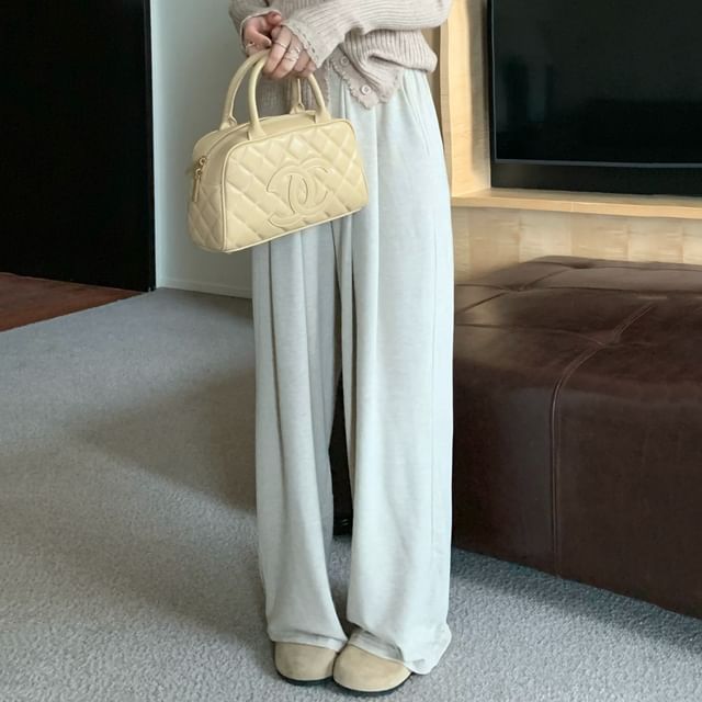 KUMI-Elastic Waist Plain Wide Leg Pants