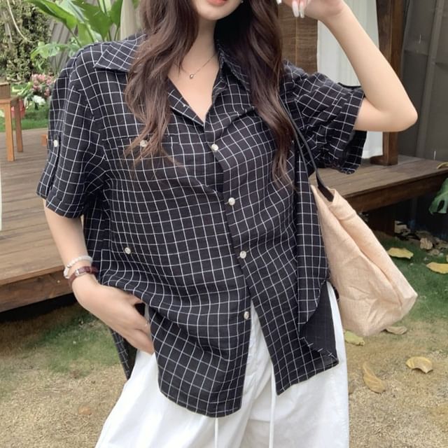 KUMI-Elbow-Sleeve Collared Windowpane Check Button-Up Blouse