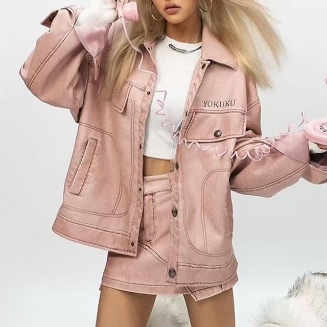 KUMI-Faux Leather High Neck Button-Up Jacket