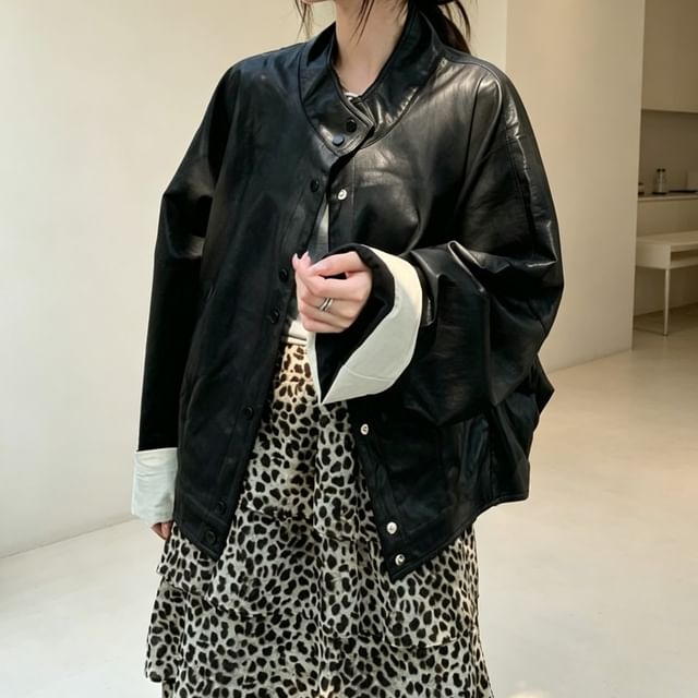 KUMI-Faux Leather Stand Collar Button-Up Oversized Jacket