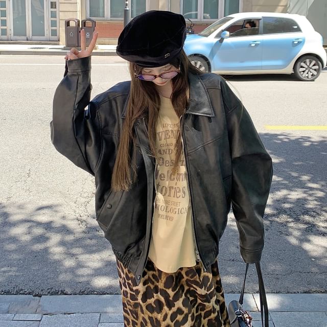KUMI-Faux Leather Zip Jacket