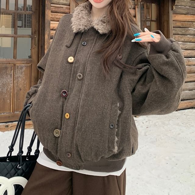KUMI-Faux Shearling Button-Up Jacket