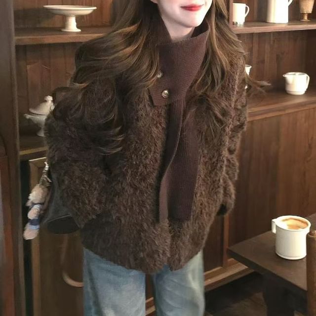 KUMI-Faux Shearling Button-Up Jacket with Sash