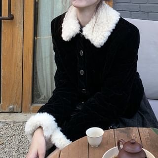 KUMI-Fluffy Collar Button-Up Velvet Jacket