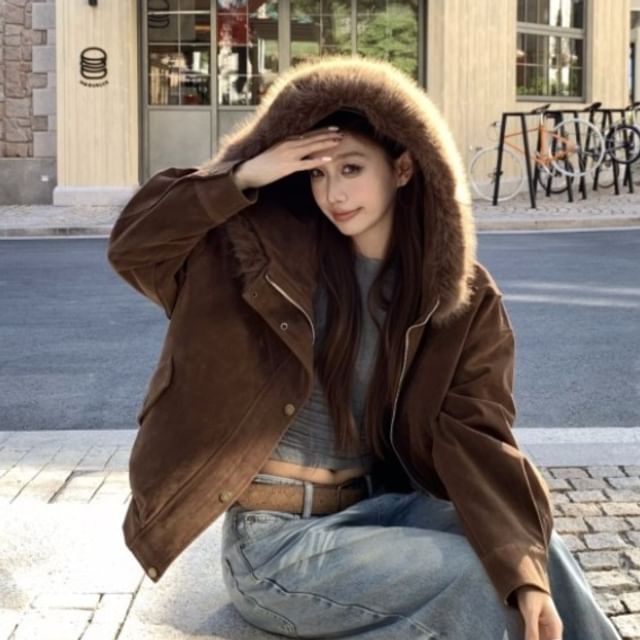 KUMI-Fluffy Hooded Plain Zip Jacket