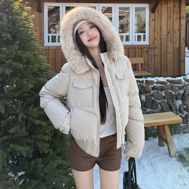 KUMI-Fluffy Trim Hooded Zip-Up Plain Puffer Jacket