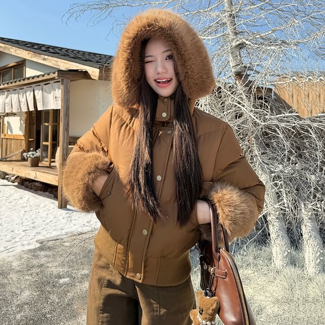KUMI-Fluffy Trim Hooded Zip-Up Plain Puffer Jacket