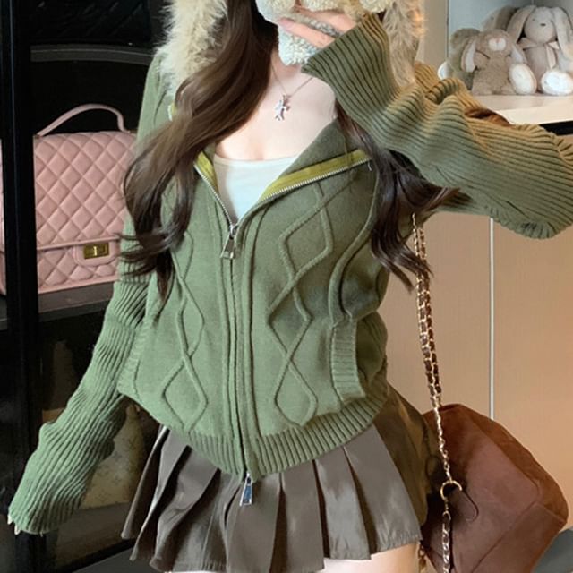 KUMI-Fluffy Trim Zip-Up Knit Hoodie