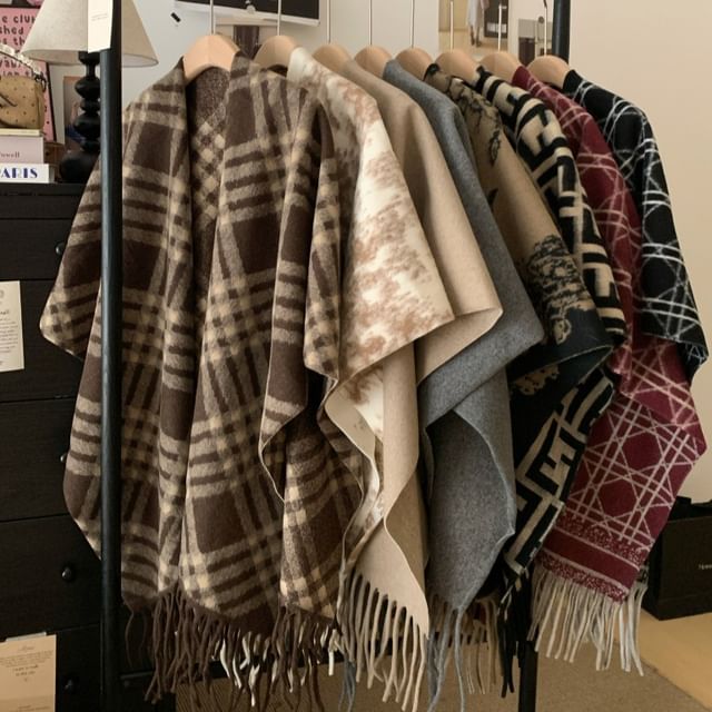 KUMI-Fringed Plaid Asymmetrical Shawl