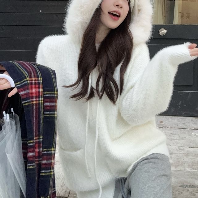 KUMI-Furry Trim Hooded Button-Up Jacket
