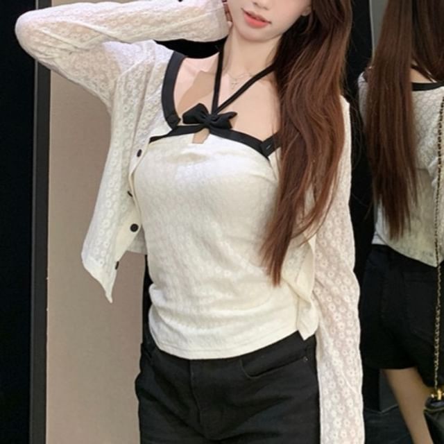 KUMI-Halter Neck Crop Top Plain Cardigan