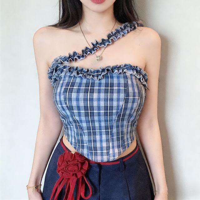 KUMI-Halter Neck Plaid Corset Top