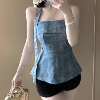 KUMI-Halter Neck Rhinestone Denim Top