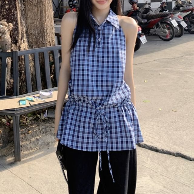 KUMI-Halter Plaid Blouse
