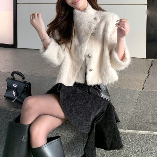 KUMI-High Neck Fluffy Button-Up Jacket High Rise Asymmetrical Mini A-Line Skirt Faux Leather Belt Set
