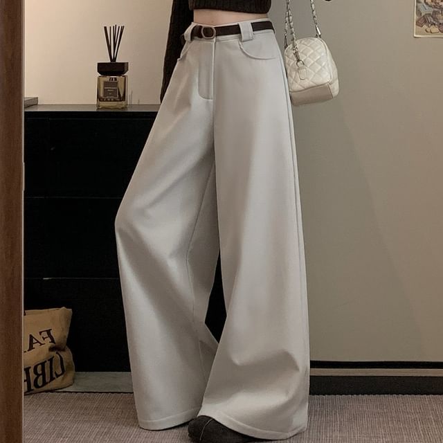 KUMI-High Rise Plain Wide Leg Pants