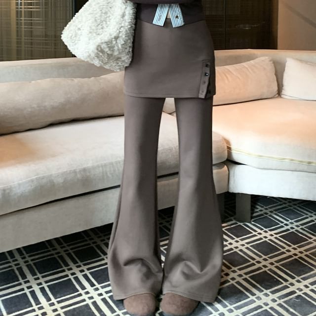 KUMI-High Rise Skirt Overlay Plain Flared Pants