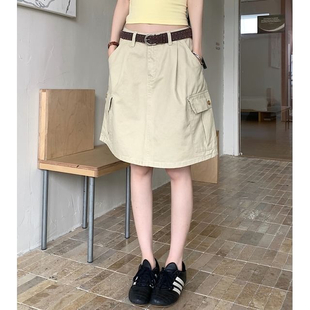 KUMI-High Waist Plain A-Line Cargo Skirt
