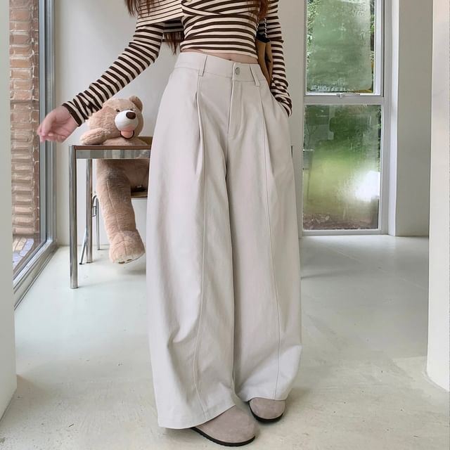 KUMI-High Waist Plain Baggy Pants