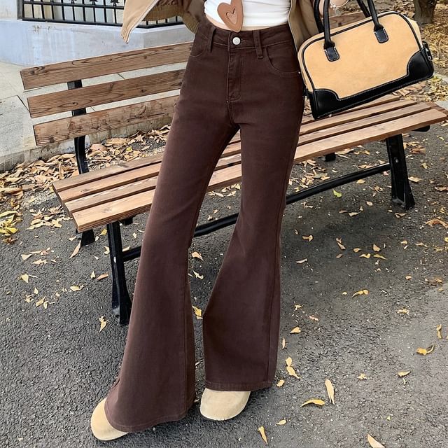 KUMI-High Waist Plain Bell Bottom Jeans