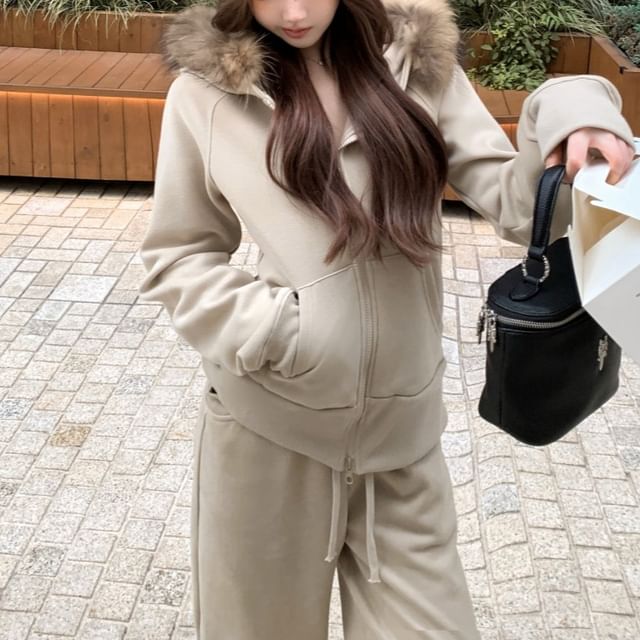 KUMI-High Waist Plain Flared Pants Fluffy Collar Hooded Zip Jacket