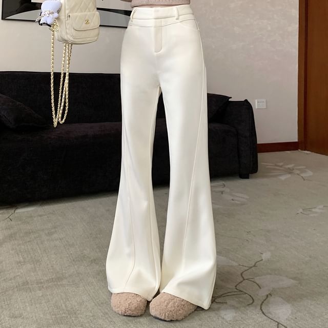 KUMI-High Waist Plain Fleece-Lined Flared Pants