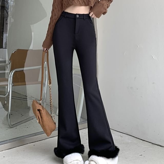 KUMI-High Waist Plain Fluffy Trim Flared Pants