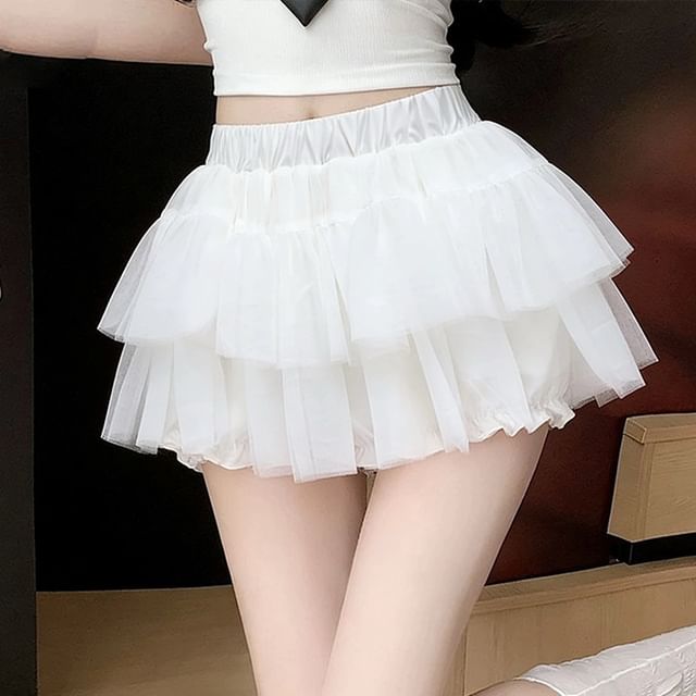 KUMI-High Waist Plain Ruffle Mesh Mini A-Line Skort