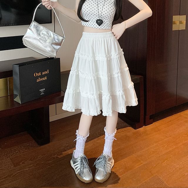 KUMI-High Waist Plain Ruffled Mini A-Line Skirt