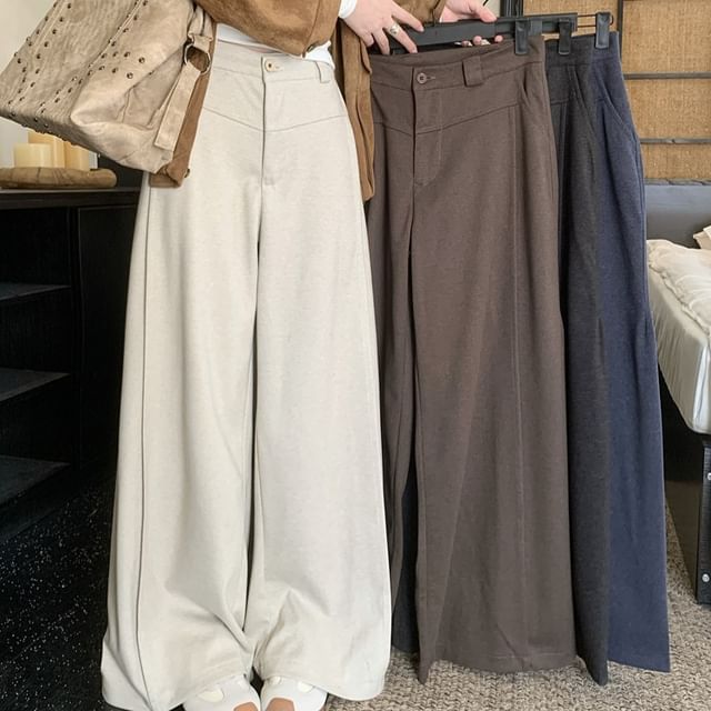 KUMI-High Waist Plain Wide Leg Pants