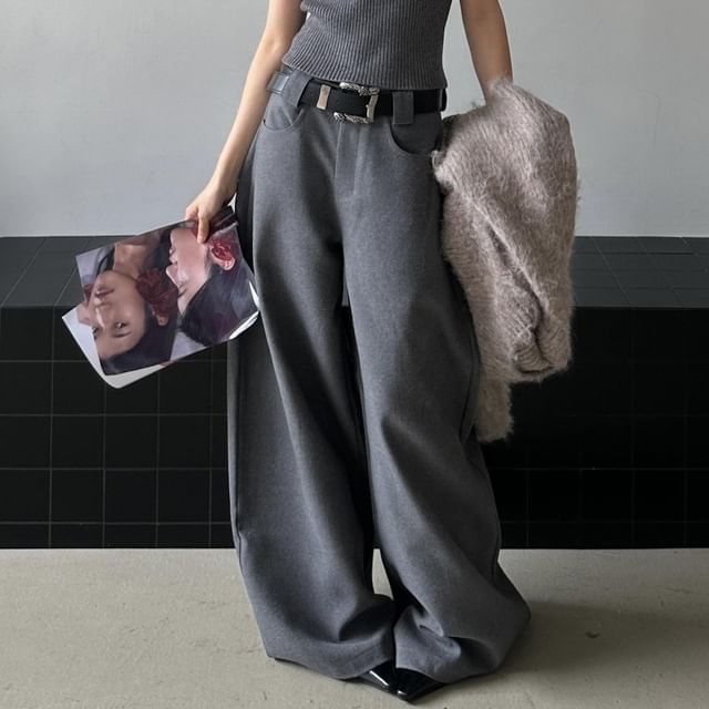 KUMI-High Waist Plain Wide Leg Pants