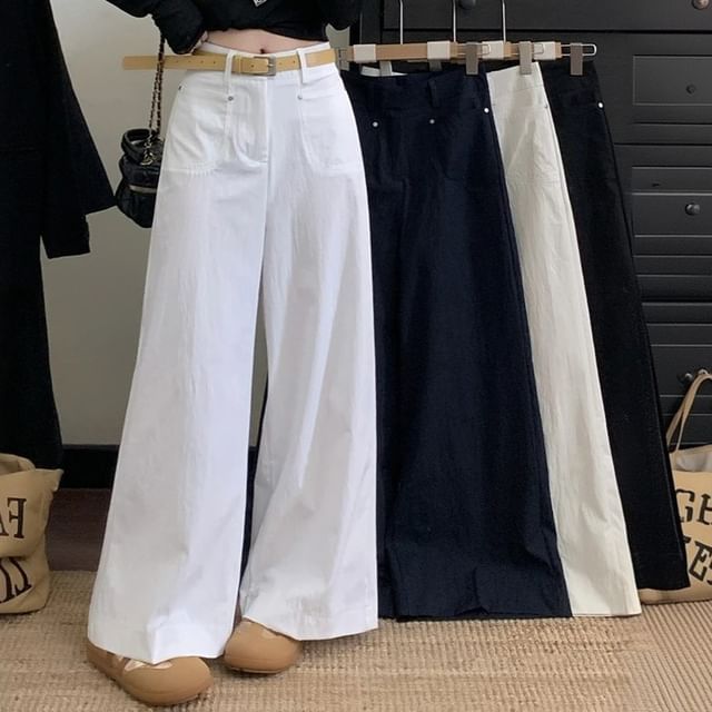 KUMI-High Waist Plain Wide Leg Pants