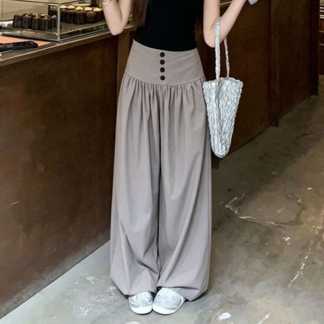 KUMI-High Waist Plain Wide Leg Pants