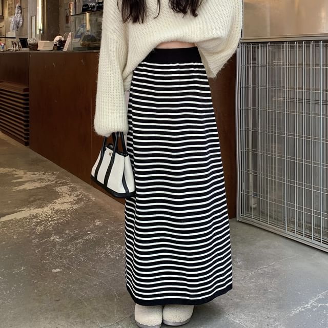 KUMI-High Waist Striped Maxi A-Line Skirt