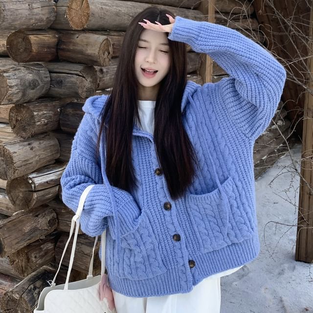 KUMI-Hooded Button-Up Plain Cable Knit Cardigan