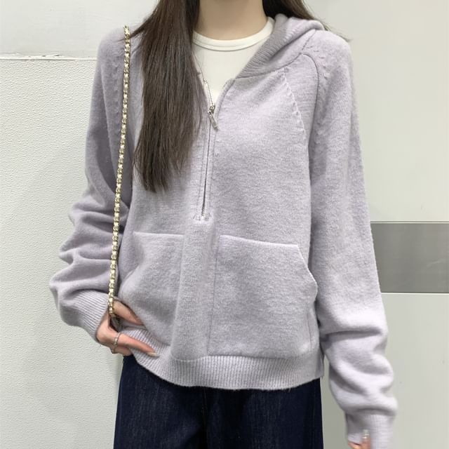 KUMI-Hooded Plain Half Zip Sweater