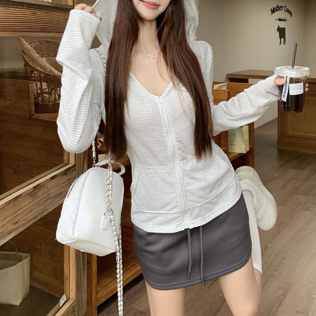 KUMI-Hooded V-Neck Zip Light Jacket Drawstring Waist Plain Mini Pencil Skirt