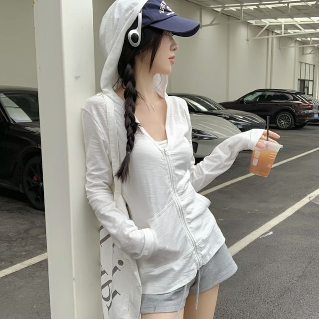 KUMI-Hooded Zip-Up Plain Crop Jacket Shorts