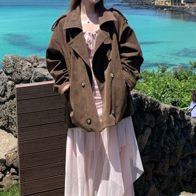 KUMI-Lapel Collar Double Breasted Plain Jacket Sleeveless Maxi A-Line Dress