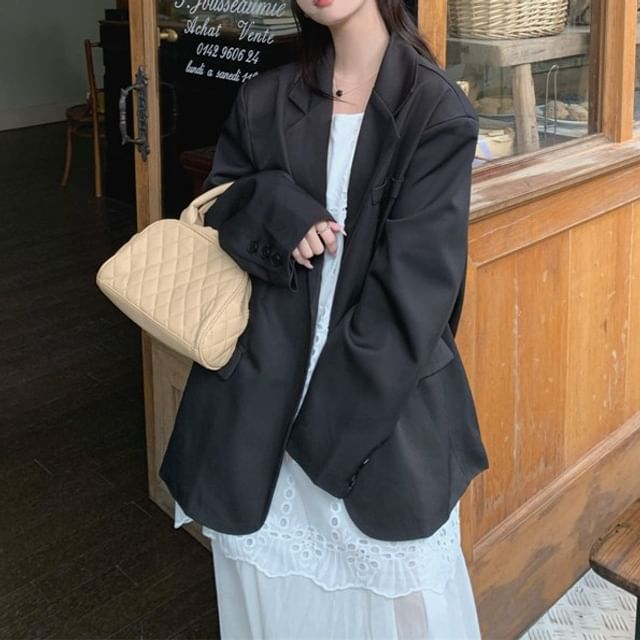 KUMI-Lapel Collar Plain Button Up Blazer Crochet Panel Maxi A-Line Dress