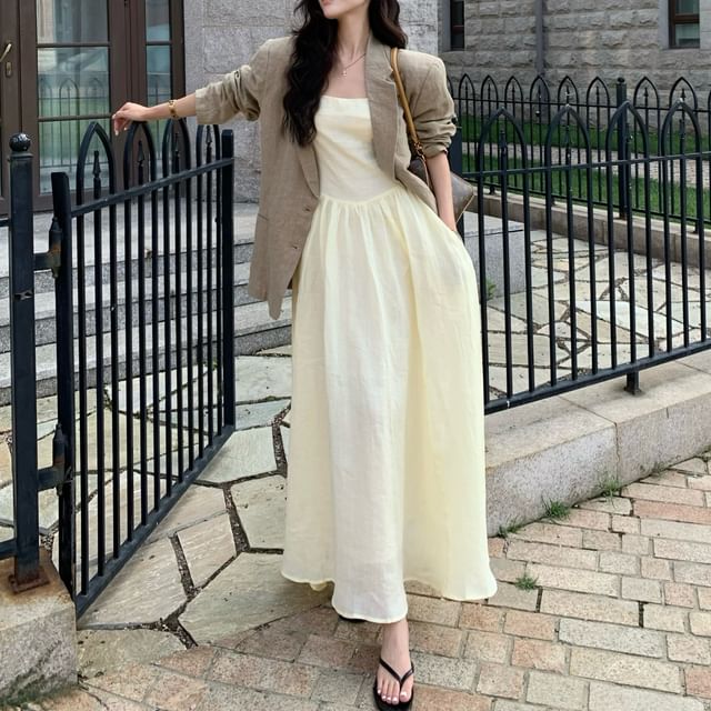 KUMI-Lapel Collar Plain Button Up Blazer Spaghetti Strap Scoop Neck Plain Maxi A-Line Dress