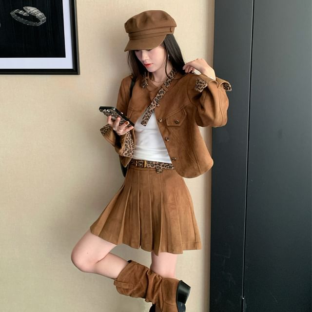 KUMI-Leopard Print Panel Faux Suede Button Jacket High Waist Pleated Mini A-Line Skirt Belt Set