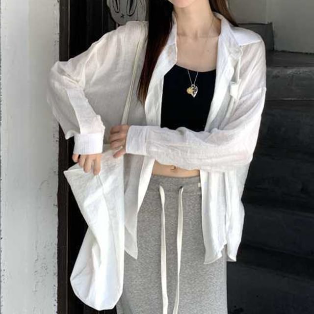 KUMI-Long-Sleeve Button-Up Plain Sheer Shirt