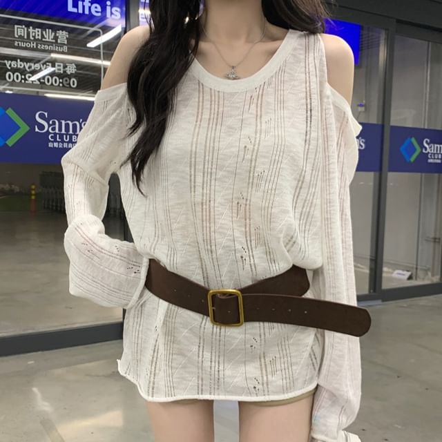 KUMI-Long Sleeve Cold Shoulder Plain Top
