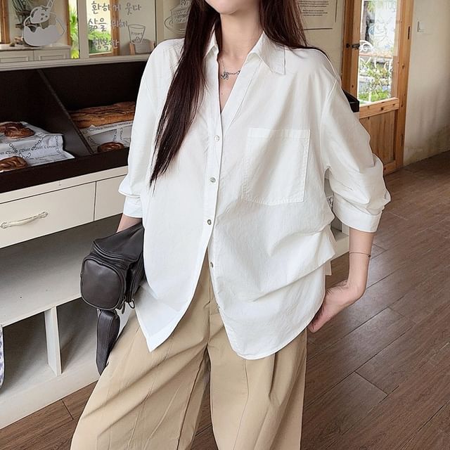 KUMI-Long-Sleeve Collar V-Neck Plain Button Up Shirt